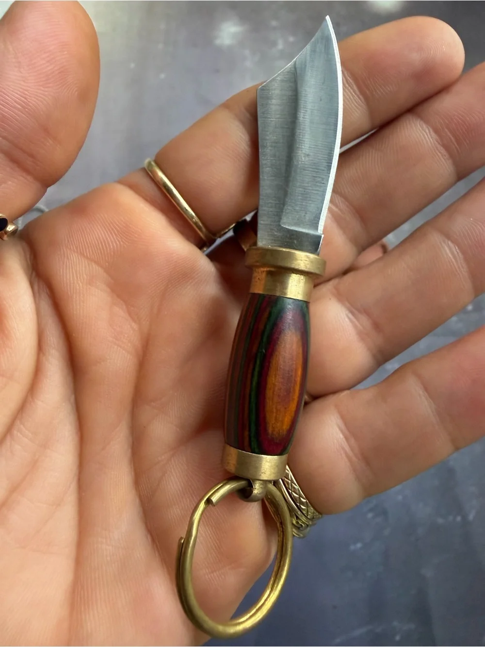 Multicolor Wooden Handle Keychain Knife with Brown Leather Sheath